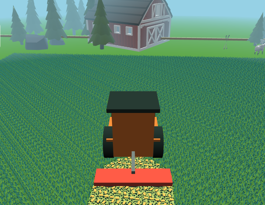 A tractor mowing a wide field beside a red barn in Little Machines
